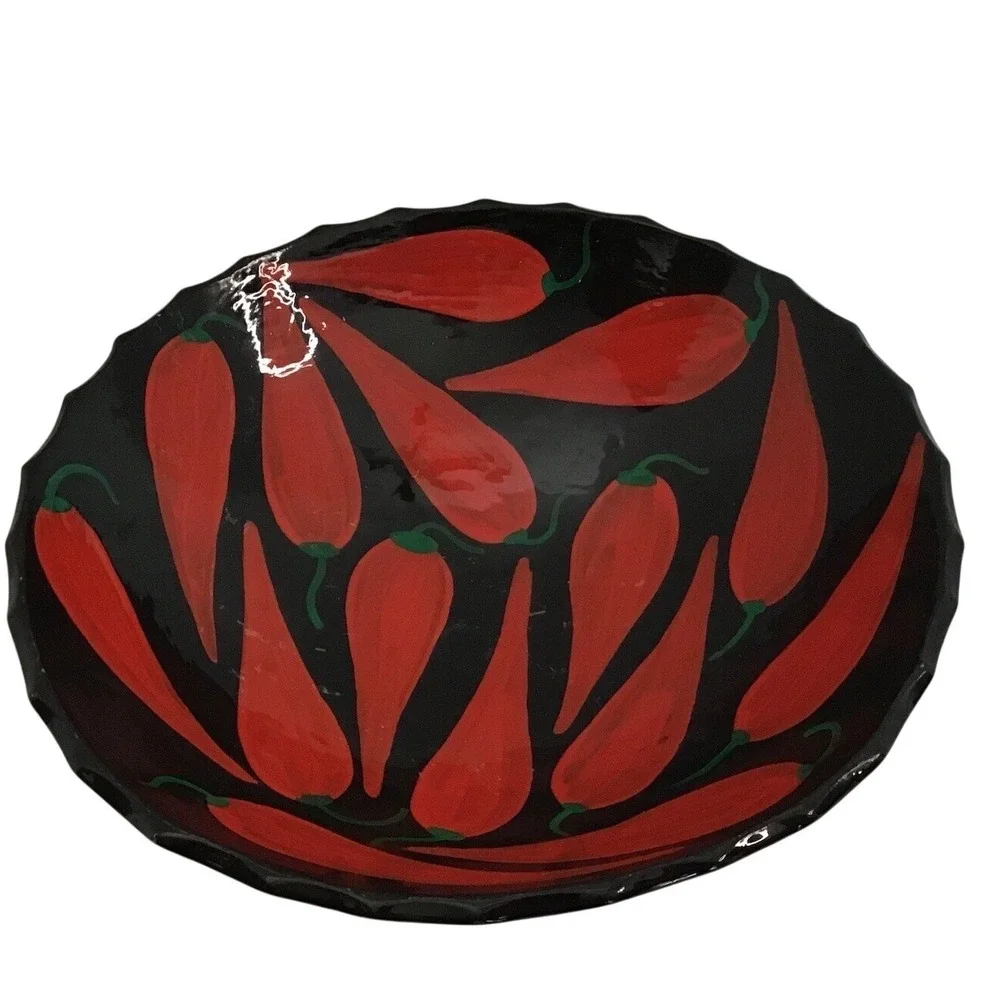 Vintage Mexican‎ Style Footed Bowl Hand Painted Red Chili Pepper Black Ceramic